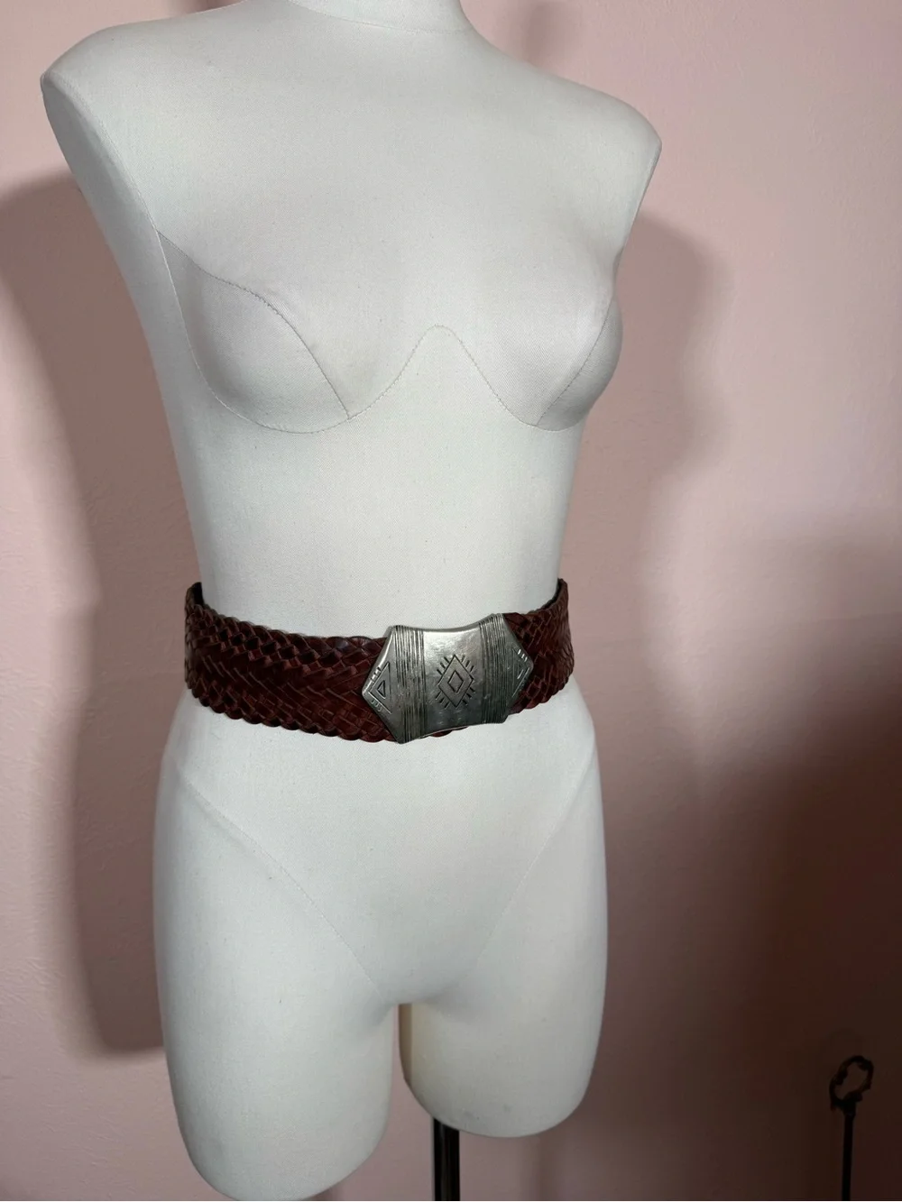Vintage 1990 Brown woven wide Leather Oversized Silver Concho Belt adjustable